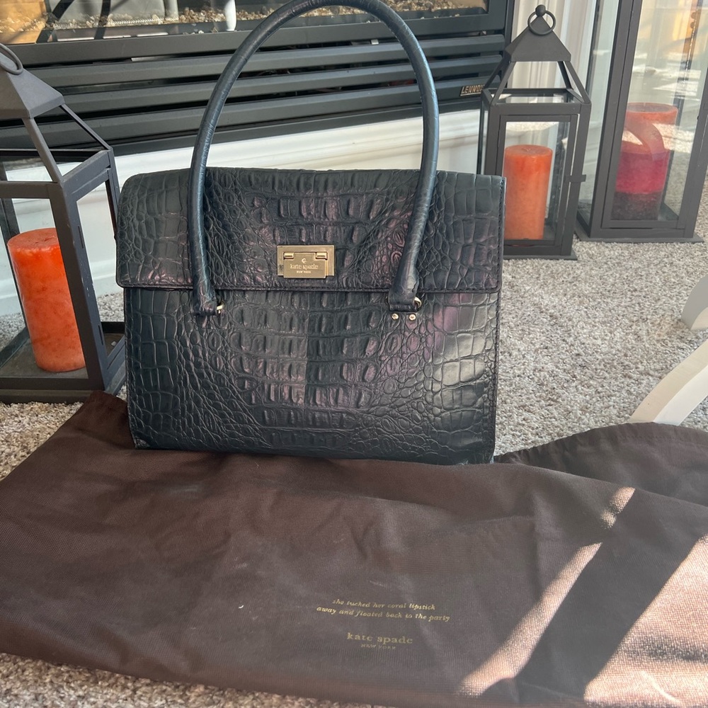 $498 Kate Spade Orchard Valley Sinclair Croc Leather Shoulder Bag NAVY BLUE